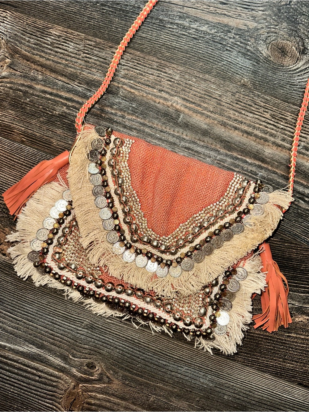 SHASHI Leela Coral and Beige Fringe Crossbody with Coin Trim / REVOLVE